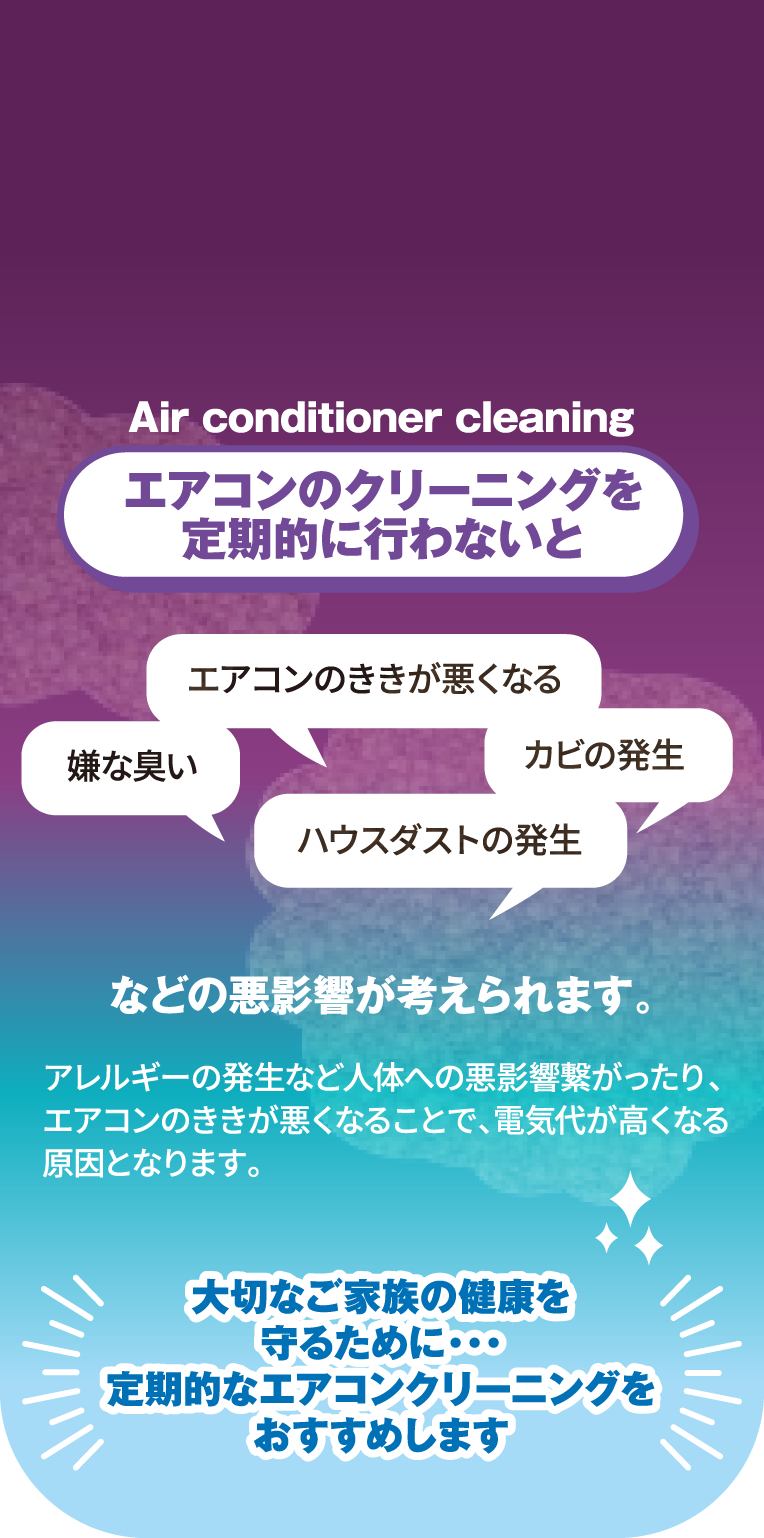 エアコンのクリーニングを定期的に行わないと嫌な臭い、エアコンのききが悪くなる、カビの発生、ハウスダストの発生などの悪影響が考えられます。アレルギーの発生など人体への悪影響があったり、エアコンのききが悪くなることで、電気代が高くなる原因となります。大切なご家族の健康を守るために定期的なエアコンクリーニングをおすすめします。