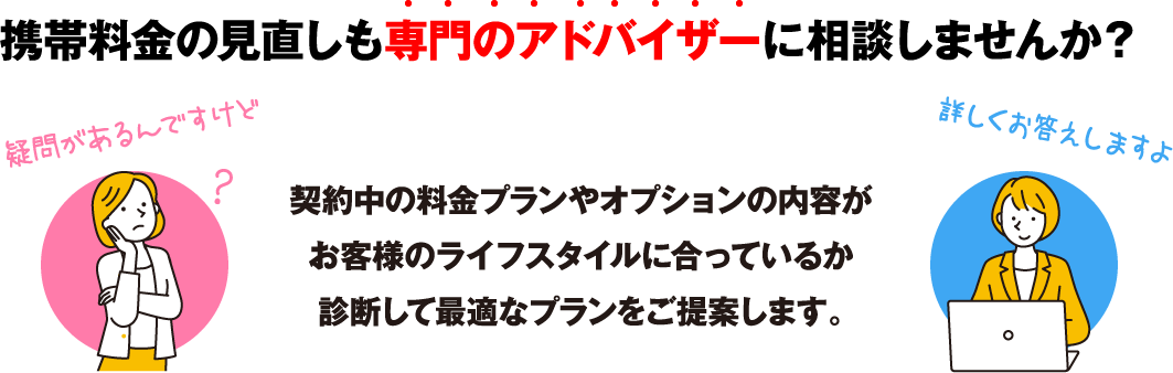 専門のアドバイザー。疑問があるんですけど。詳しくお答えしますよ。契約中の料金プランやオプションの内容がお客様のライフスタイルに合っているか診断して最適なプランをご提案します。