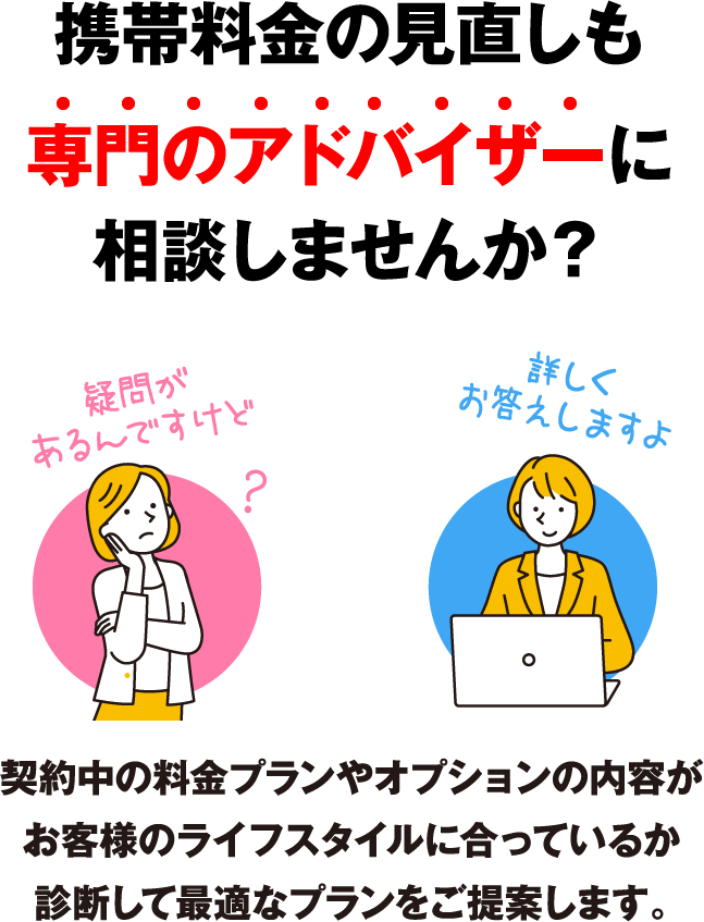 専門のアドバイザー。疑問があるんですけど。詳しくお答えしますよ。契約中の料金プランやオプションの内容がお客様のライフスタイルに合っているか診断して最適なプランをご提案します。